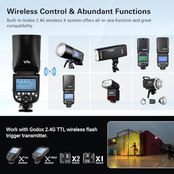 Nikon용 Godox V1 V1-N V1N 원형 헤드 카메라 플래시, 2.4G TTL Godox 플래시 Nikon Speeslite HSS 1/8000s, 2600mAh 리튬 이온 배터리, 480회 최대 전력 샷, 10레벨 LED 모델링 램프