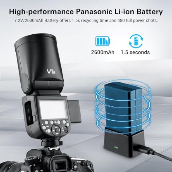 Nikon용 Godox V1 V1-N V1N 원형 헤드 카메라 플래시, 2.4G TTL Godox 플래시 Nikon Speeslite HSS 1/8000s, 2600mAh 리튬 이온 배터리, 480회 최대 전력 샷, 10레벨 LED 모델링 램프