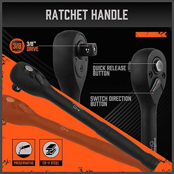 HORUSDY 3/8 드라이브 임팩트 소켓 세트, 50피스 표준 SAE(5/16 ~ 3/4인치) 및 미터법(8-22mm) 크기, 6포인트, Cr-V, 3/8인치 드라이브 래칫 핸들, 드라이브 익스텐션 바, 임팩트 유