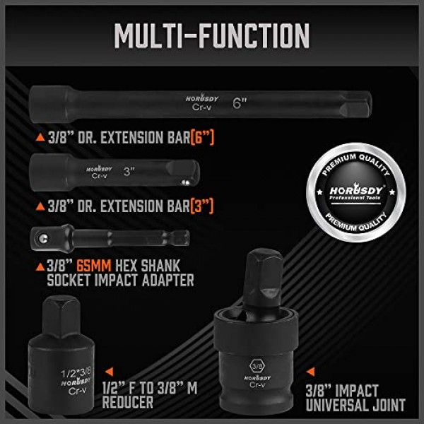 HORUSDY 3/8 드라이브 임팩트 소켓 세트, 50피스 표준 SAE(5/16 ~ 3/4인치) 및 미터법(8-22mm) 크기, 6포인트, Cr-V, 3/8인치 드라이브 래칫 핸들, 드라이브 익스텐션 바, 임팩트 유