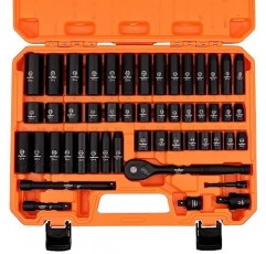 HORUSDY 3/8 드라이브 임팩트 소켓 세트, 50피스 표준 SAE(5/16 ~ 3/4인치) 및 미터법(8-22mm) 크기, 6포인트, Cr-V, 3/8인치 드라이브 래칫 핸들, 드라이브 익스텐션 바, 임팩트 유