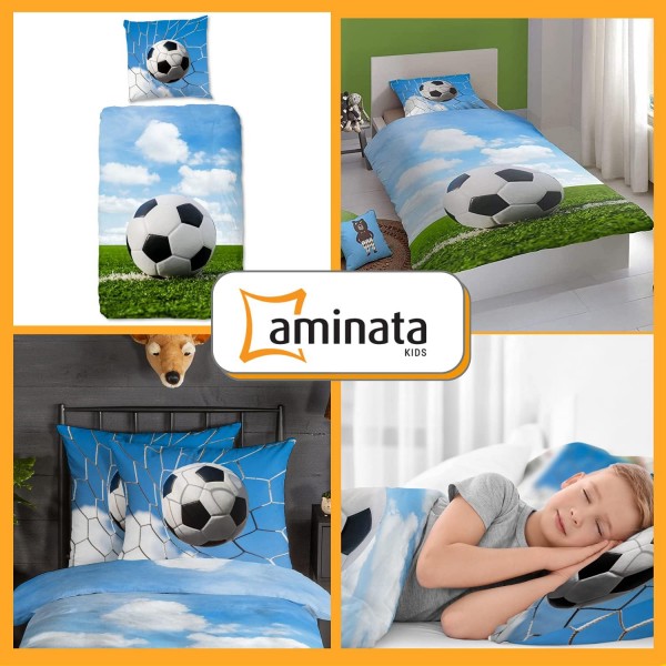 Aminata Kids - 비버 베드 린넨 135x200 남아 축구 모티브 boys, boys, boys, teens & young people - 면, beaver 아동용 베드 린넨 세트 플란넬 그린 블루 - 따뜻하고 부드럽고 포근함