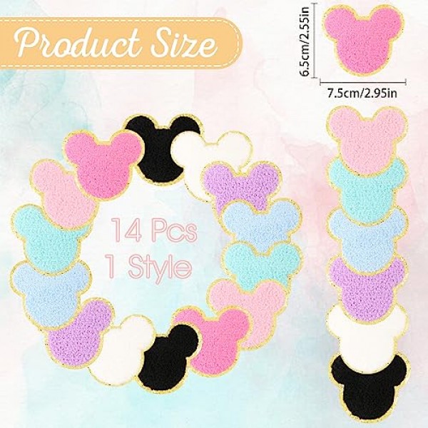 14 Pcs 셔닐 실 마우스 패치, 마우스 머리 패치에 EVERMARKET 아이언 의류 용 귀여운 셔닐 실 수 놓은 아플리케 패치 반짝이 골드 트리밍 마우스 장식 패치 DIY Decors에 바느
