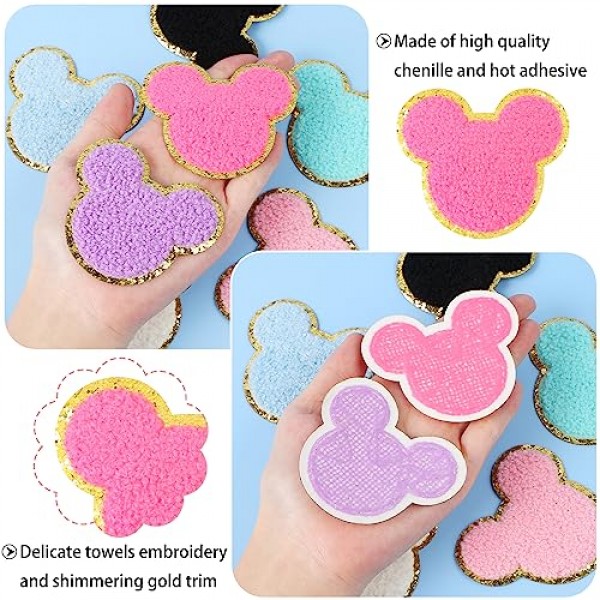 14 Pcs 셔닐 실 마우스 패치, 마우스 머리 패치에 EVERMARKET 아이언 의류 용 귀여운 셔닐 실 수 놓은 아플리케 패치 반짝이 골드 트리밍 마우스 장식 패치 DIY Decors에 바느