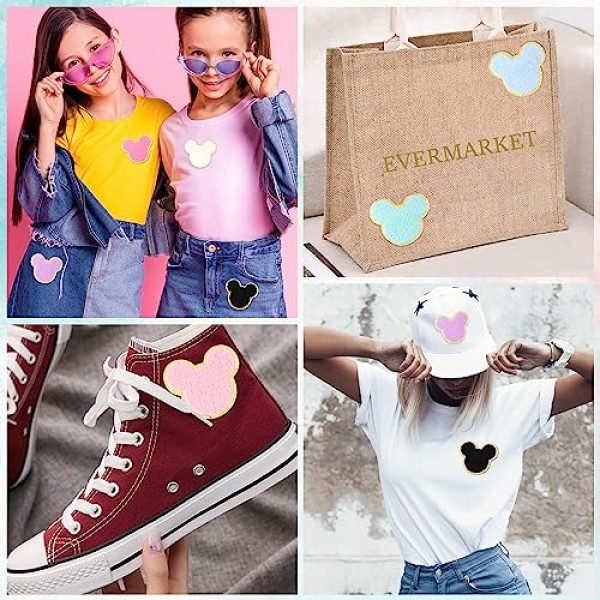 14 Pcs 셔닐 실 마우스 패치, 마우스 머리 패치에 EVERMARKET 아이언 의류 용 귀여운 셔닐 실 수 놓은 아플리케 패치 반짝이 골드 트리밍 마우스 장식 패치 DIY Decors에 바느