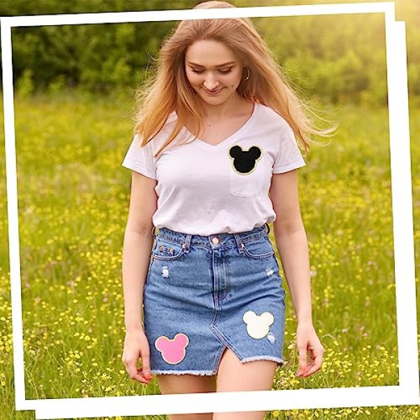 14 Pcs 셔닐 실 마우스 패치, 마우스 머리 패치에 EVERMARKET 아이언 의류 용 귀여운 셔닐 실 수 놓은 아플리케 패치 반짝이 골드 트리밍 마우스 장식 패치 DIY Decors에 바느