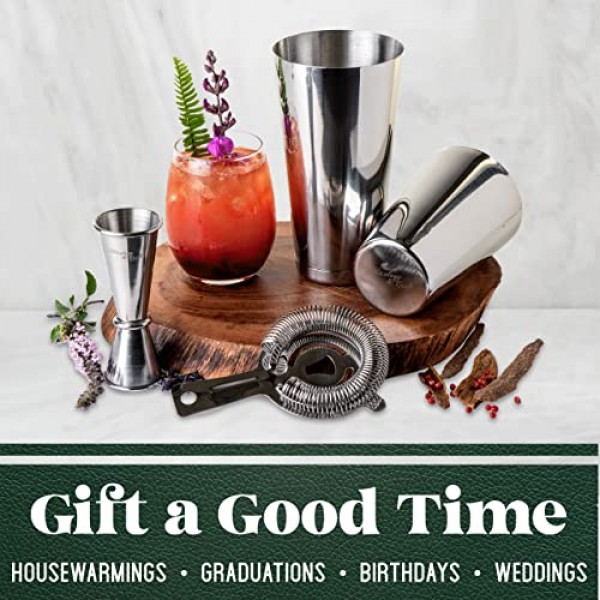 Mixology 칵테일 셰이커 보스턴 셰이커 세트 전문 가중 마티니 셰이커, 스트레이너 및 일본 지거, 음료 믹서 바텐더용 휴대용 바 세트, 독점 레시피 카드(실버)