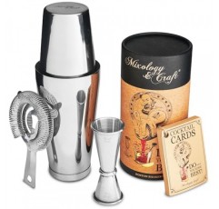 Mixology 칵테일 셰이커 보스턴 셰이커 세트 전문 가중 마티니 셰이커, 스트레이너 및 일본 지거, 음료 믹서 바텐더용 휴대용 바 세트, 독점 레시피 카드(실버)