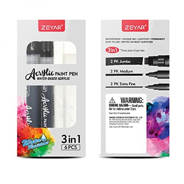 ZEYAR 아크릴 페인트 마커 펜, 3가지 포인트 크기: Extra Fine(0.7mm), Medium Bullet(2.5mm), Jumbo Felt Tip(10-15mm) (흑백 색상, Extra fine,Medium,Jumbo)