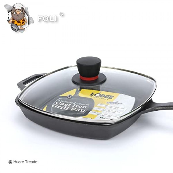 스팀 벤트 구멍이 있는 그릴 팬용 사각 유리 뚜껑 - Lodge 주철 프라이팬에 적합 10.5인치(26.67cm) - 사각 강화 유리 뚜껑 - 범용 교체 커버 베이클라이트 원형 손잡이