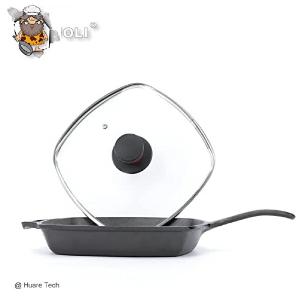 스팀 벤트 구멍이 있는 그릴 팬용 사각 유리 뚜껑 - Lodge 주철 프라이팬에 적합 10.5인치(26.67cm) - 사각 강화 유리 뚜껑 - 범용 교체 커버 베이클라이트 원형 손잡이