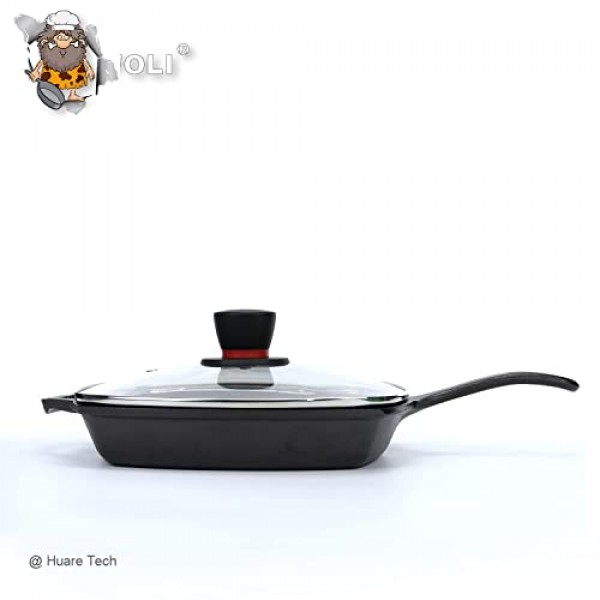 스팀 벤트 구멍이 있는 그릴 팬용 사각 유리 뚜껑 - Lodge 주철 프라이팬에 적합 10.5인치(26.67cm) - 사각 강화 유리 뚜껑 - 범용 교체 커버 베이클라이트 원형 손잡이