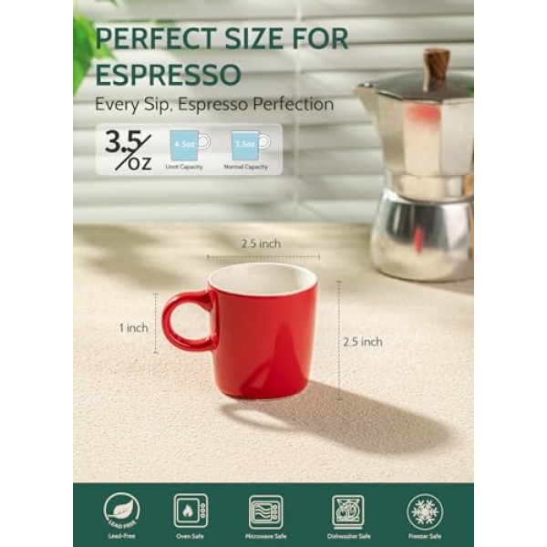 Sweese 3.5온스 도자기 에스프레소 컵 4개 세트, 미니 커피 머그 데미타스 컵 - 레드, 602024622727