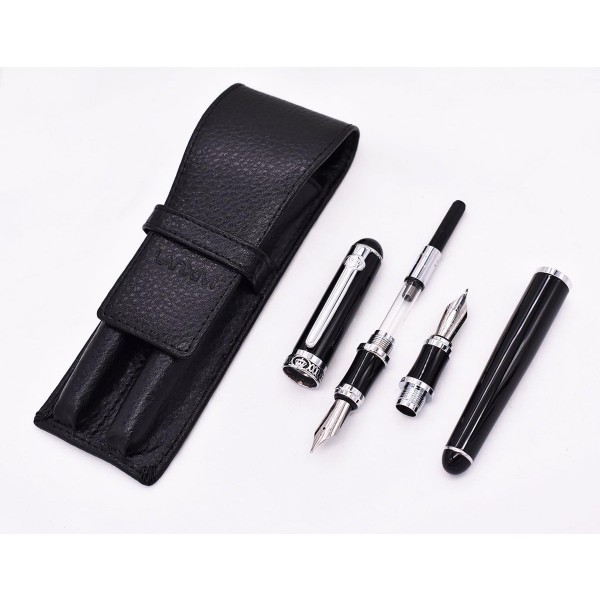 Duke Fude 더블 만년필 곡선 펜촉 가죽 펜 케이스 세트 블랙 펜 블랙 케이스 블랙 펜 블랙 케이스 블랙