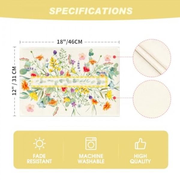 Artoid 모드 야생화 꽃 유칼립투스 잎 식탁용 플레이스 매트, 12 x 18 인치 봄 여름 계절 장식 소박한 세탁 가능한 테이블 매트 녹색 4개 세트