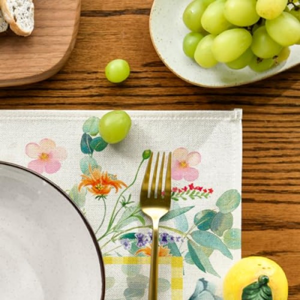 Artoid 모드 야생화 꽃 유칼립투스 잎 식탁용 플레이스 매트, 12 x 18 인치 봄 여름 계절 장식 소박한 세탁 가능한 테이블 매트 녹색 4개 세트