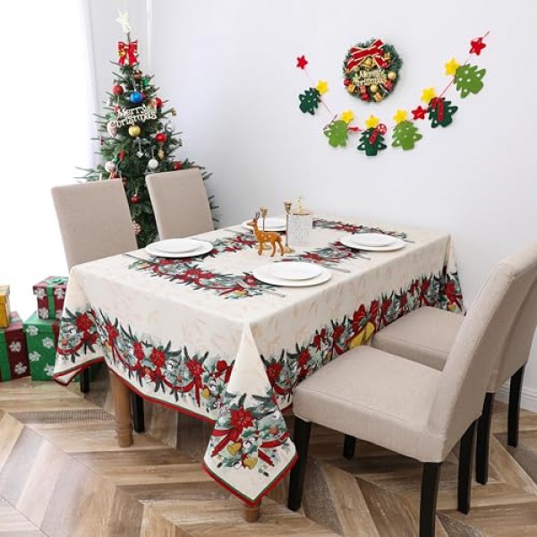 크리스마스 벨 눈사람 디자인 식탁보 실내 실외 파티 휴일 주방 다이닝 룸을 위한 방수 및 간편한 깨끗한 직사각형 테이블 천 60인치 x 84인치