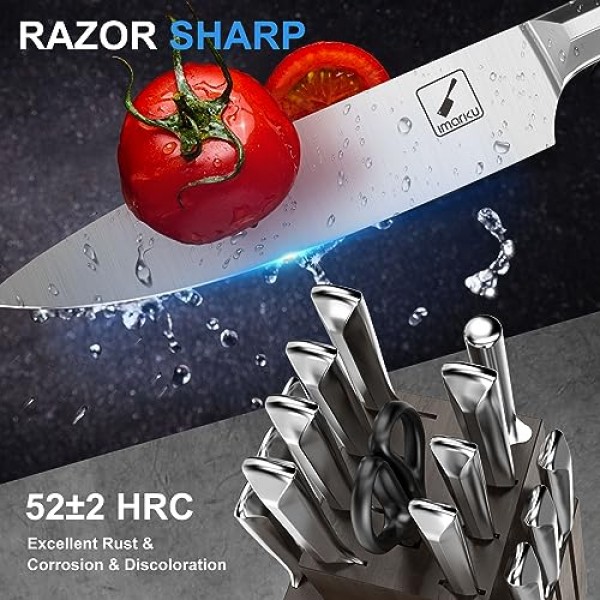 imarku 칼 세트, 블록이 있는 주방용 고탄소 일본 스테인레스 스틸 칼 세트 16개, 샤프너 요리사 칼 세트가 포함된 매우 날카로운 주방 칼 세트, 식기 세척기 안전