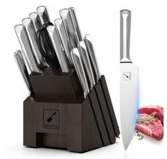 imarku 칼 세트, 블록이 있는 주방용 고탄소 일본 스테인레스 스틸 칼 세트 16개, 샤프너 요리사 칼 세트가 포함된 매우 날카로운 주방 칼 세트, 식기 세척기 안전