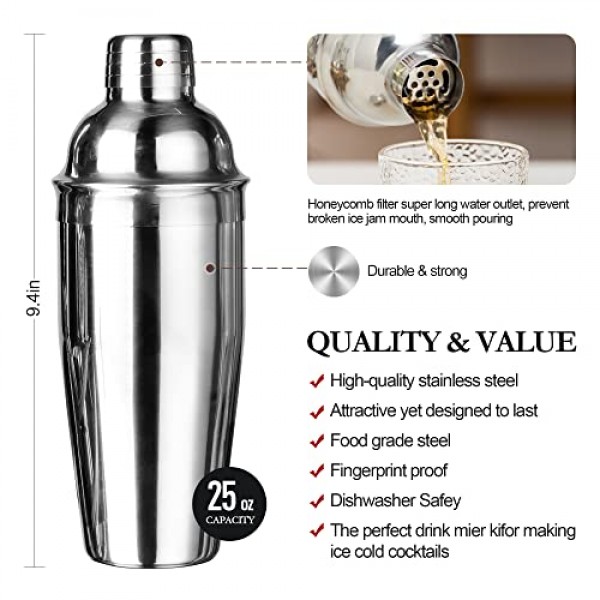 Mixology 바텐더 키트, 스탠드가 포함된 16피스 ​​실버 바텐더 키트, 25온스 바 세트 칵테일 셰이커 세트, 가정용, 바, 파티용 전문 스테인레스 스틸 바텐더 키트