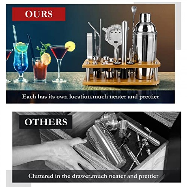 Mixology 바텐더 키트, 스탠드가 포함된 16피스 ​​실버 바텐더 키트, 25온스 바 세트 칵테일 셰이커 세트, 가정용, 바, 파티용 전문 스테인레스 스틸 바텐더 키트