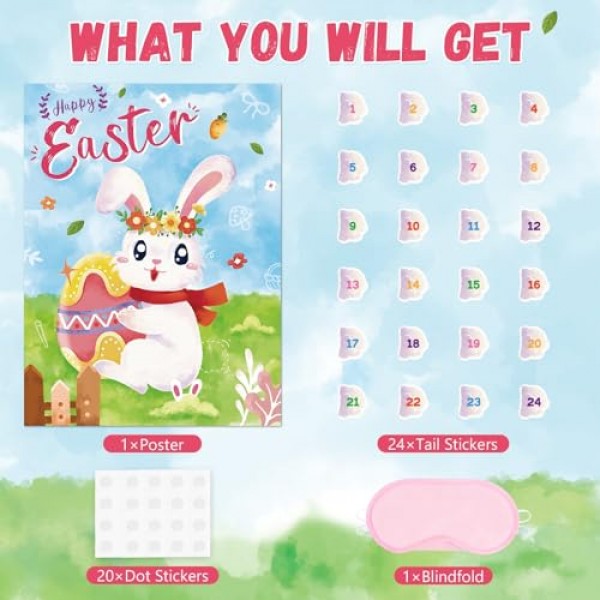 토끼 어린이 부활절 파티 게임에 꼬리를 고정하십시오 - 소년 소녀 생일 게임을위한 24pc 토끼 꼬리 스티커가있는 21 ''x 28포스터 부활절 파티 호의 봄 파티 유치원 교실