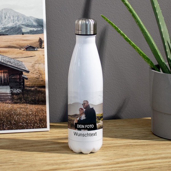 PhotoFancy® - 맞춤형 물병 - 나만의 사진으로 나만의 보온병 디자인 - 스테인리스 스틸로 만든 보온병 - 레이아웃 및 크기 선택(이미지 1개 + 텍스트, 500ml) 500ml 이미지 1개