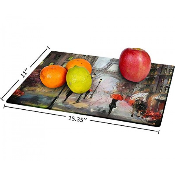 강화 유리 도마 유화 캔버스 스트리트 뷰 파리 작품 에펠탑 식기 주방 장식 도마 미끄럼 방지 다리, 서빙 보드, 대형, 15