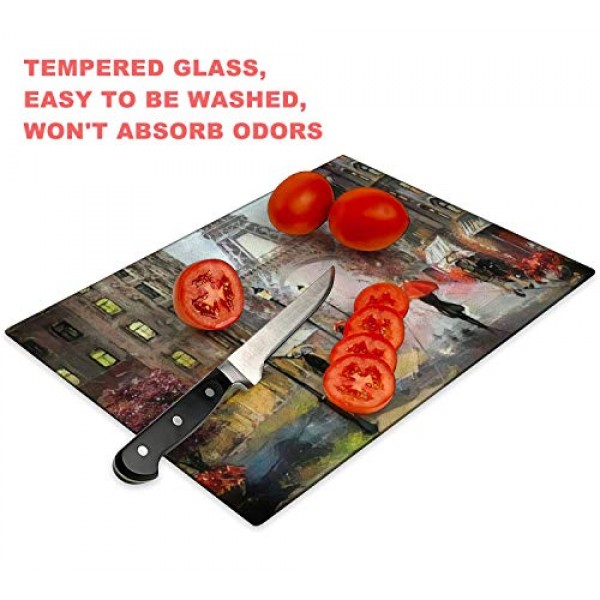 강화 유리 도마 유화 캔버스 스트리트 뷰 파리 작품 에펠탑 식기 주방 장식 도마 미끄럼 방지 다리, 서빙 보드, 대형, 15