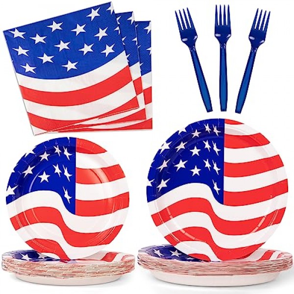DECORLIFE 애국 파티 용품 24인분, 애국 종이 접시, 냅킨, 포크 포함, 총 96개