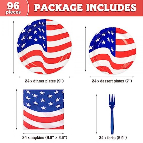 DECORLIFE 애국 파티 용품 24인분, 애국 종이 접시, 냅킨, 포크 포함, 총 96개