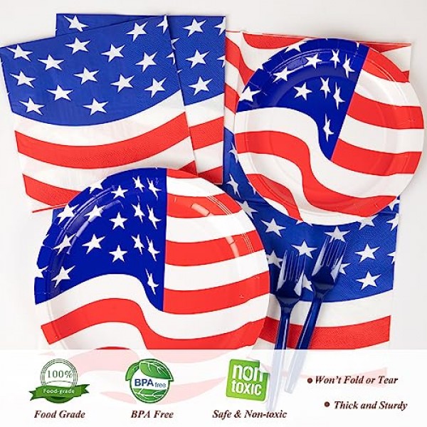 DECORLIFE 애국 파티 용품 24인분, 애국 종이 접시, 냅킨, 포크 포함, 총 96개