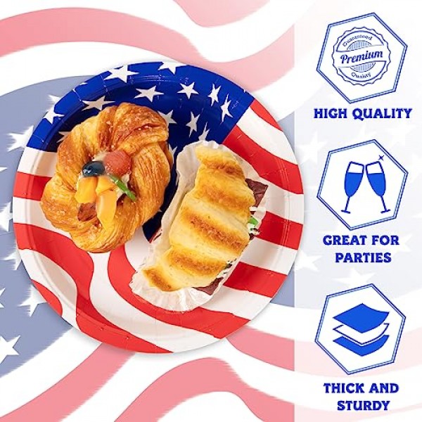 DECORLIFE 애국 파티 용품 24인분, 애국 종이 접시, 냅킨, 포크 포함, 총 96개