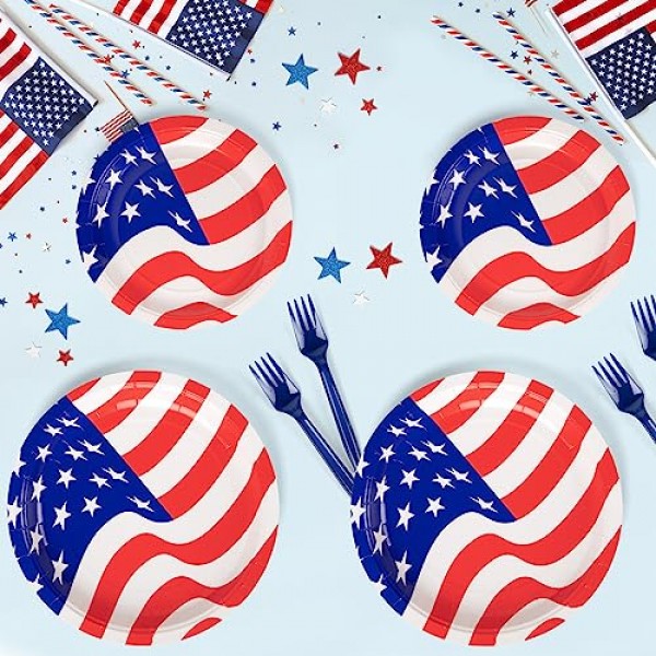 DECORLIFE 애국 파티 용품 24인분, 애국 종이 접시, 냅킨, 포크 포함, 총 96개