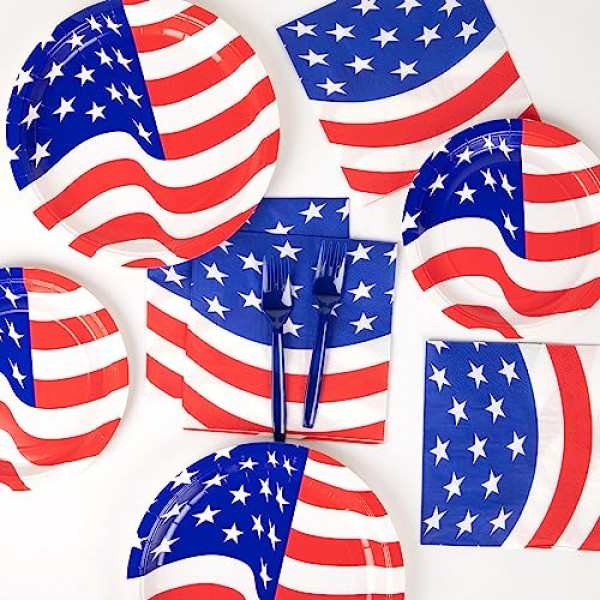 DECORLIFE 애국 파티 용품 24인분, 애국 종이 접시, 냅킨, 포크 포함, 총 96개