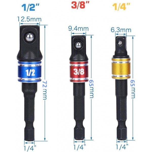 Guyiste 3-Piece 1/4인치 3/8인치 1/2인치 육각 소켓 어댑터 소켓 어댑터 소켓 스패너 너트 세트 무선 드라이버용 잉크 리본이 있는 연결 헤드 확장