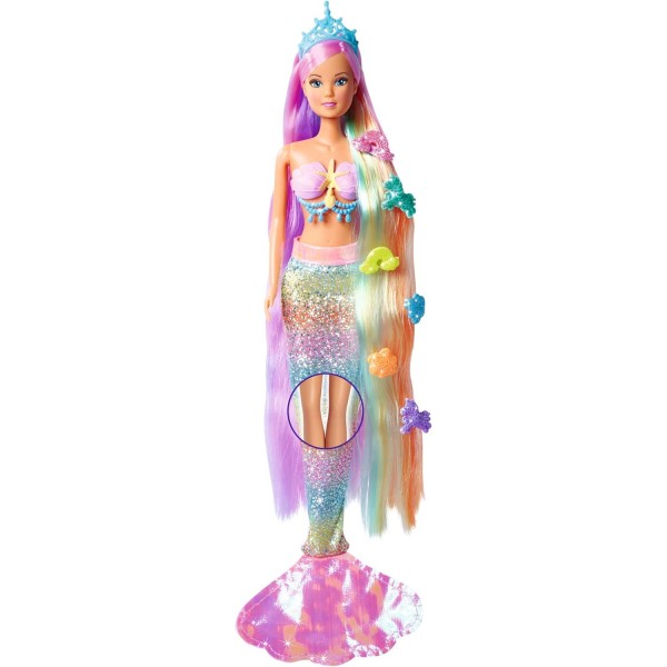 Simba 105733610 Steffi Love 레인보우 인어 화려한 머리, 머리핀, 빗, 탈착식 지느러미가 있는 무지개 인어 드레스업 인형, 29cm 플레이 인형, 3세 이상