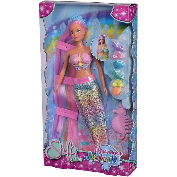 Simba 105733610 Steffi Love 레인보우 인어 화려한 머리, 머리핀, 빗, 탈착식 지느러미가 있는 무지개 인어 드레스업 인형, 29cm 플레이 인형, 3세 이상