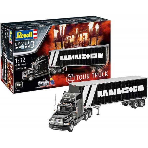 Revell 07658 선물 세트 Tour Truck Rammstein, 1:32 스케일로 직접 조립할 수 있는 트레일러가 있는 트럭, 초보자를 위한 55.4 cm Ford 충실한 모델 키트, 기본 액세서리가 포함된 스