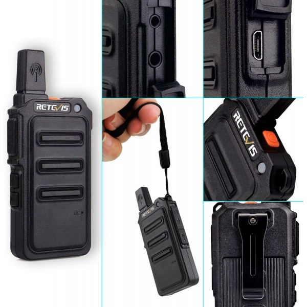 헤드셋 포함 Retevis RT619 양방향 라디오, PMR446 워키토키 세트 미니 16 채널 VOX Squelch, 1300mAh 충전식 마이크로 USB 라이선스 무료 워키토키 세트 소매, 레스토랑(2쌍, 검정색