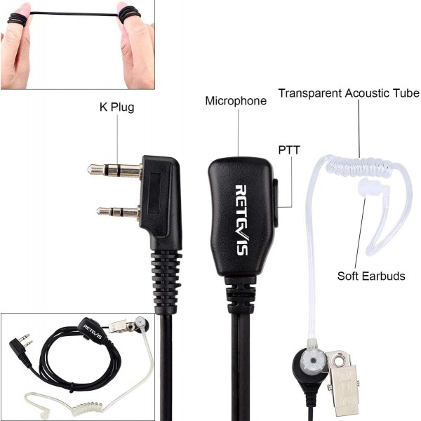헤드셋 포함 Retevis RT619 양방향 라디오, PMR446 워키토키 세트 미니 16 채널 VOX Squelch, 1300mAh 충전식 마이크로 USB 라이선스 무료 워키토키 세트 소매, 레스토랑(2쌍, 검정색