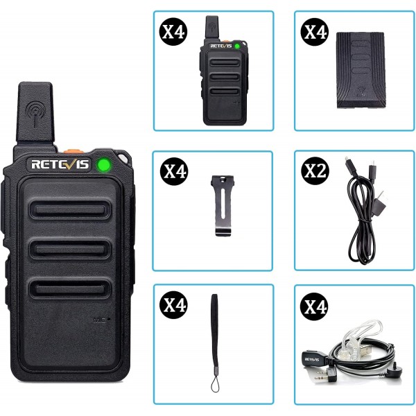 헤드셋 포함 Retevis RT619 양방향 라디오, PMR446 워키토키 세트 미니 16 채널 VOX Squelch, 1300mAh 충전식 마이크로 USB 라이선스 무료 워키토키 세트 소매, 레스토랑(2쌍, 검정색