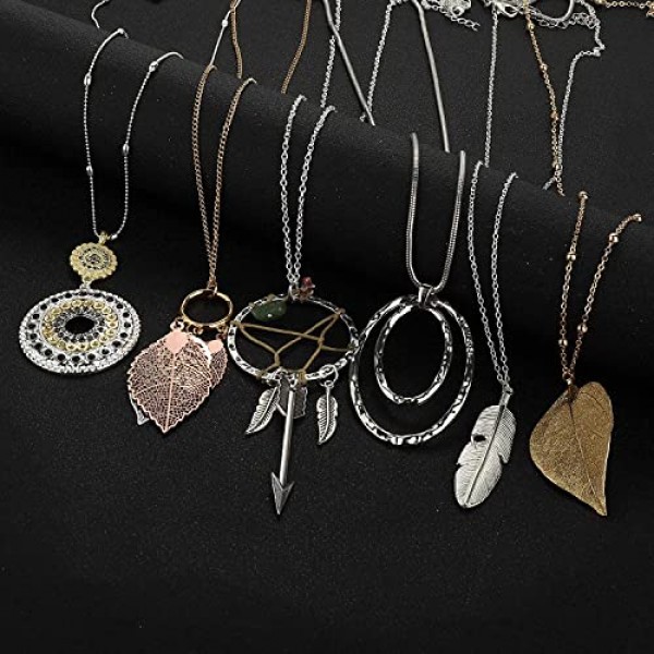 LOLIAS 여성을위한 6 개의 긴 펜던트 목걸이 팩 패션 주얼리 간단한 긴 깃털 잎 하트 청록색 의상 Y 목걸이 여성 성명서 긴 목걸이 세트 Boho