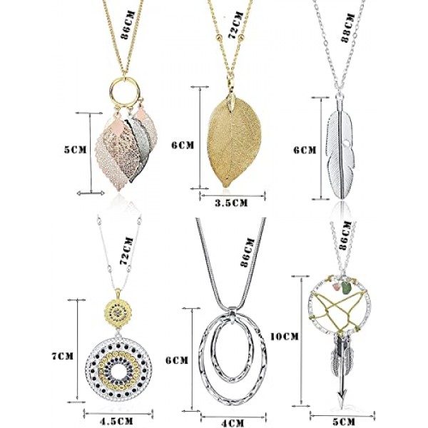 LOLIAS 여성을위한 6 개의 긴 펜던트 목걸이 팩 패션 주얼리 간단한 긴 깃털 잎 하트 청록색 의상 Y 목걸이 여성 성명서 긴 목걸이 세트 Boho