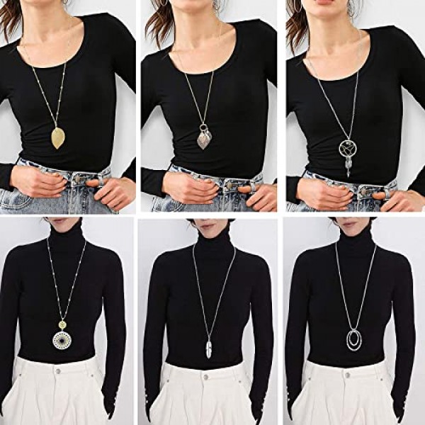 LOLIAS 여성을위한 6 개의 긴 펜던트 목걸이 팩 패션 주얼리 간단한 긴 깃털 잎 하트 청록색 의상 Y 목걸이 여성 성명서 긴 목걸이 세트 Boho