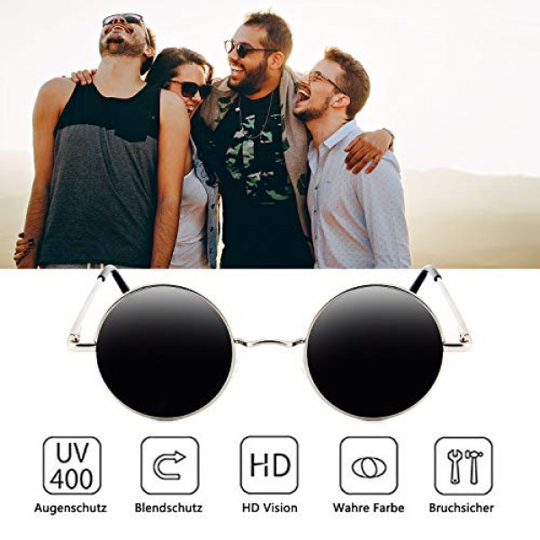 BangLong 선글라스 남녀공용 원형 편광 레트로 빈티지 선글라스, 미러 렌즈 - 블랙/슬리버