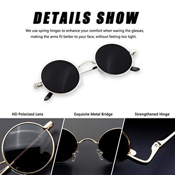 BangLong 선글라스 남녀공용 원형 편광 레트로 빈티지 선글라스, 미러 렌즈 - 블랙/슬리버
