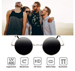 BangLong 선글라스 남녀공용 원형 편광 레트로 빈티지 선글라스, 미러 렌즈 - 블랙/슬리버