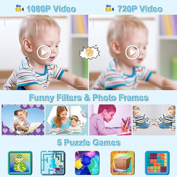 GKTZ 어린이 카메라 즉석 인쇄 - 1080P HD 즉석 인쇄 사진 - 4 5 6 7 8 9 10 여아 남학생을 위한 크리스마스 생일 선물 - 인화지 3개, 컬러 펜 5개, 32GB 카드가 포함된 휴대용 장