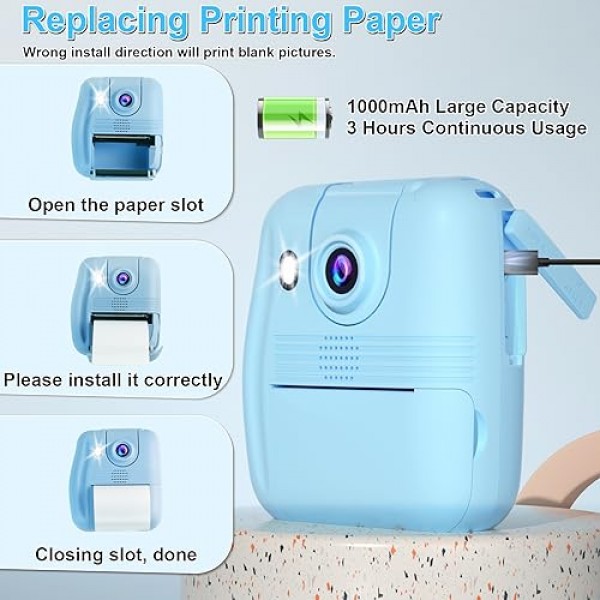 GKTZ 어린이 카메라 즉석 인쇄 - 1080P HD 즉석 인쇄 사진 - 4 5 6 7 8 9 10 여아 남학생을 위한 크리스마스 생일 선물 - 인화지 3개, 컬러 펜 5개, 32GB 카드가 포함된 휴대용 장